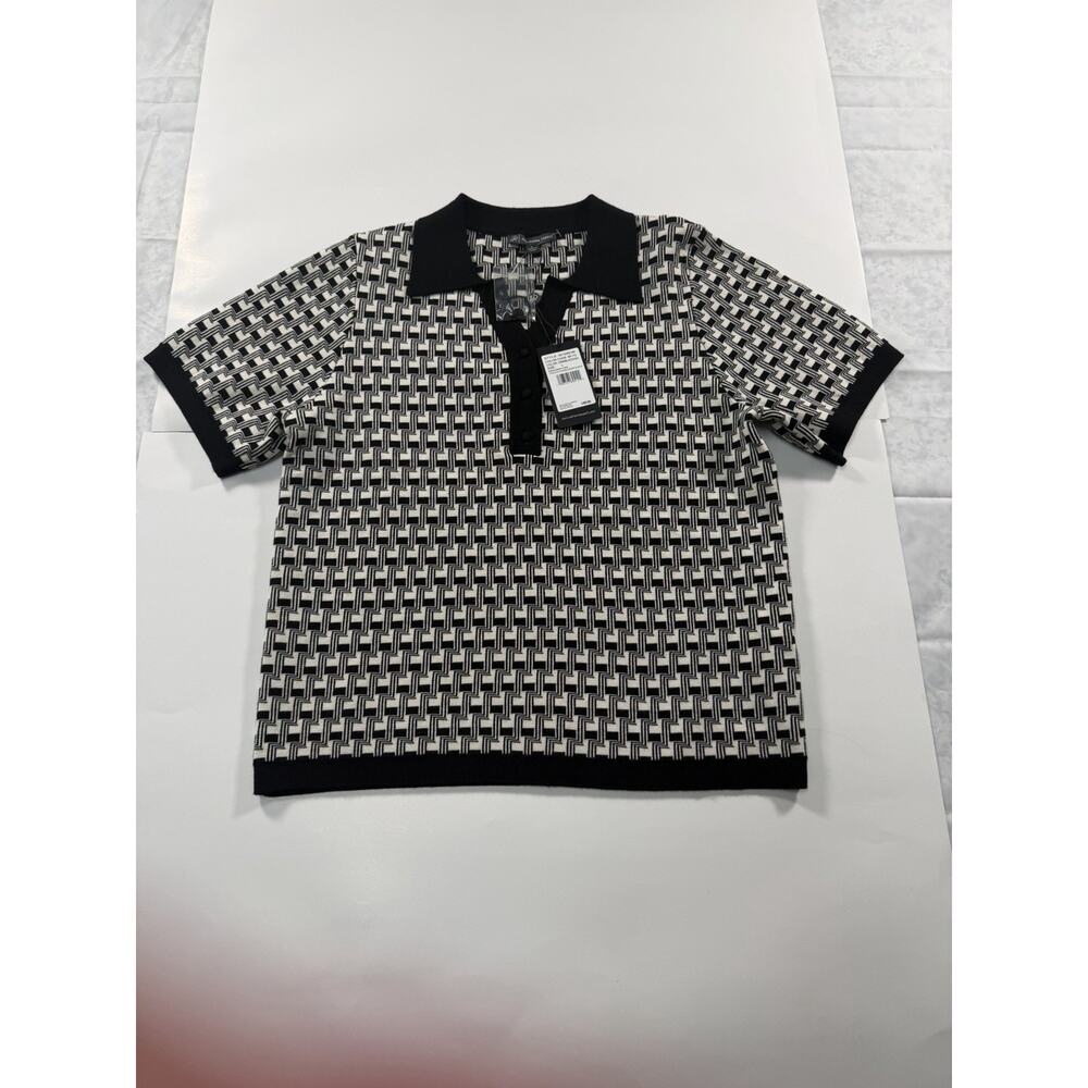 Adrianna Papell Black and White Geometric Knit Polo Sweater